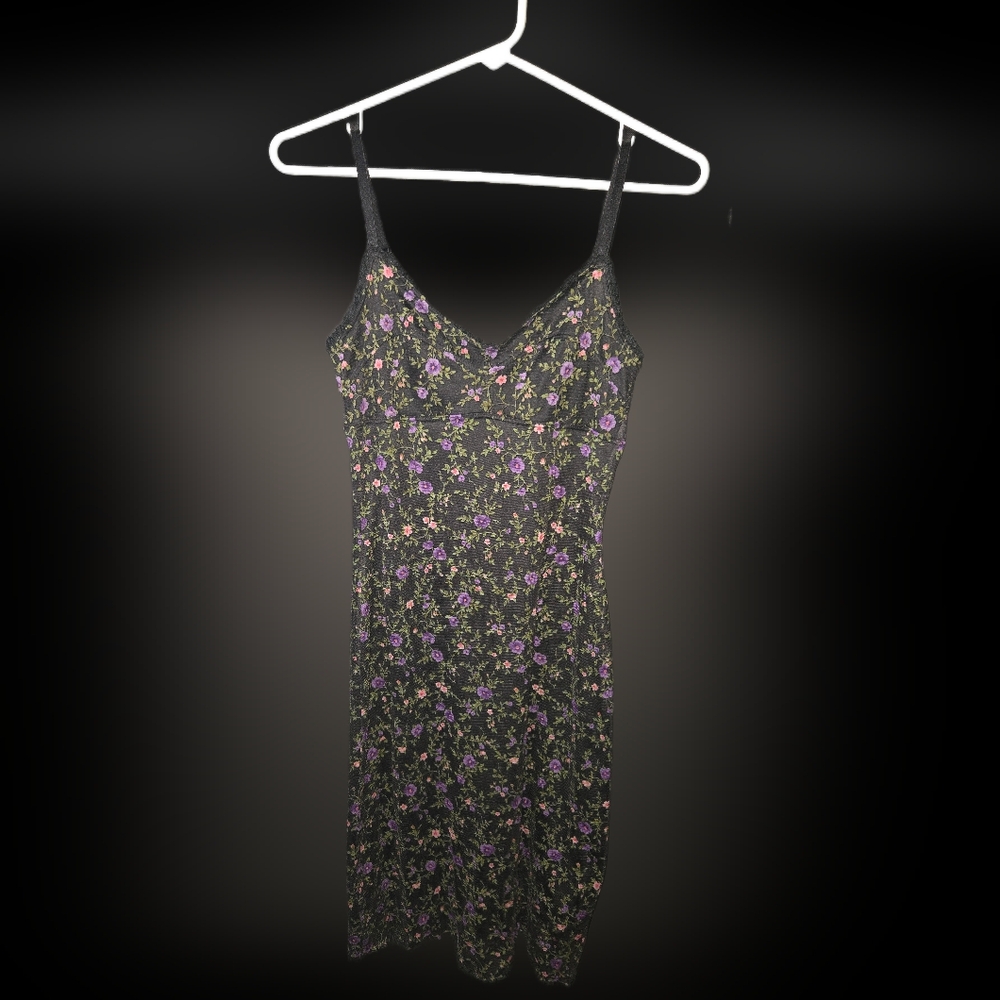 Vintage La Belle Black Nylon With Pink And Purple Florals Slip Dress 80s